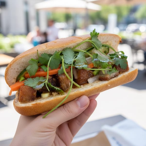 Hand holding a banh mi sandwich filled with pork belly, carrots, cucumbers, and cilantro.