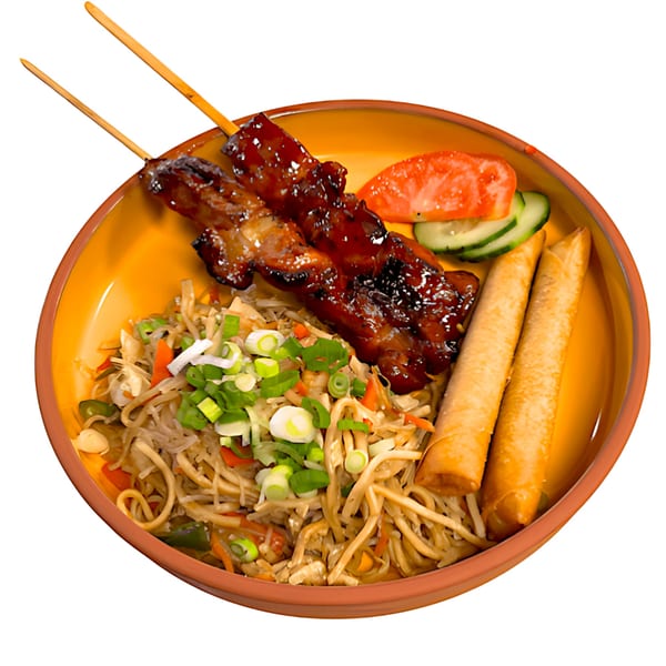 Asian dish with two skewers of glazed meat, noodles, two spring rolls, and sliced vegetables.