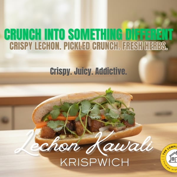 A Lechon Kawali Krispwich, filled with crispy lechon, pickled vegetables, and fresh herbs, on a wooden surface.