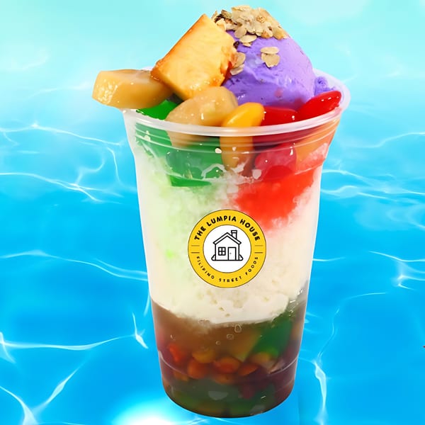 Halo-Halo dessert from The Lumpia House, with ube ice cream, flan, and various jellies.