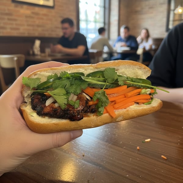 A hand holds a banh mi sandwich filled with grilled meat, cilantro, carrots, and cucumbers in a restaurant.